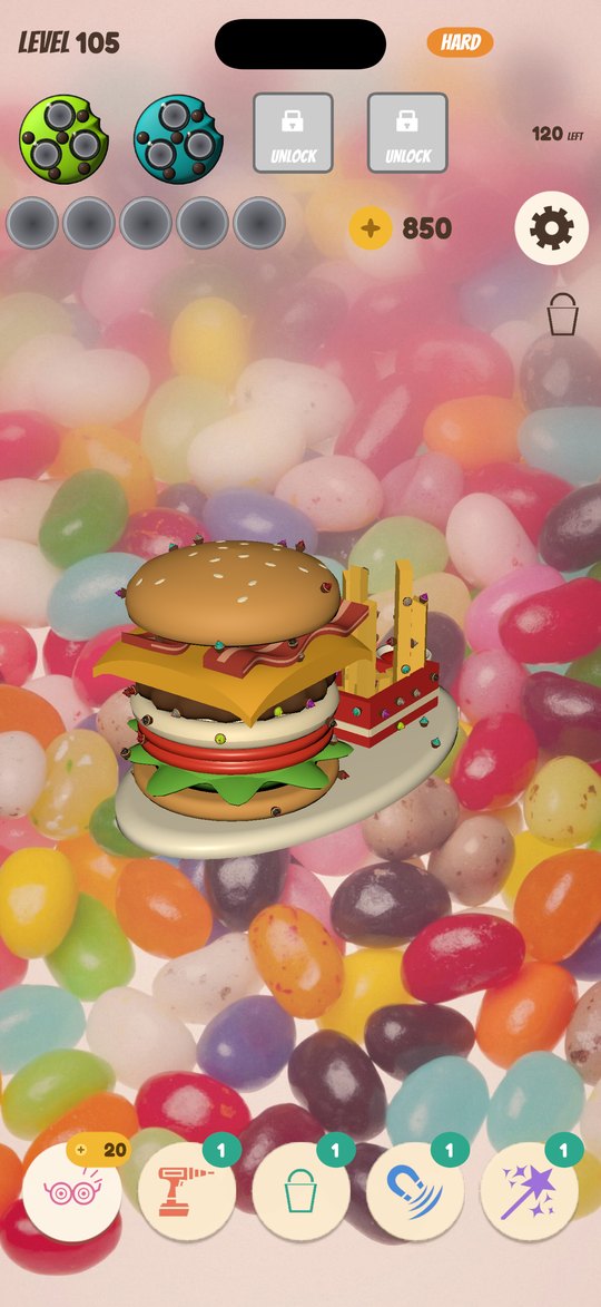 A double burger with fries on a plate, screws on every layer, on a jelly-bean backdrop