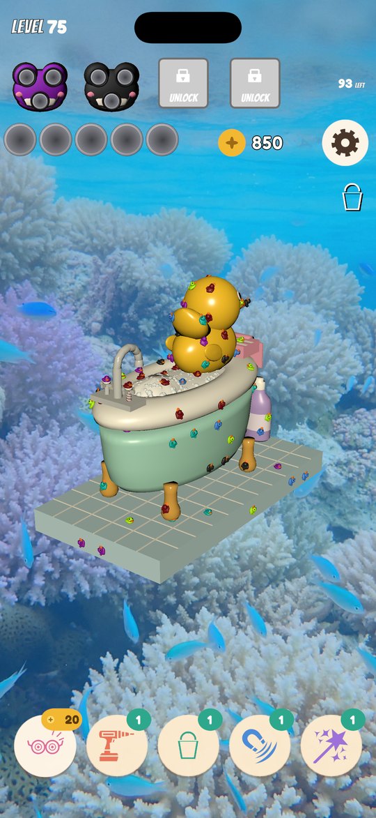 A rubber duck in a clawfoot bathtub covered in coloured screws, on a coral-reef backdrop