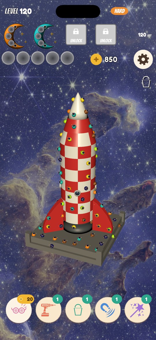 A red-and-white checkered rocket on its pad against a nebula, with moon-shaped trays